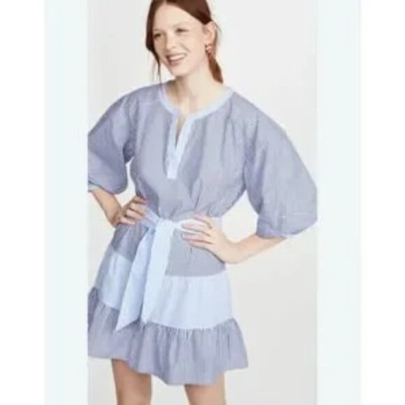 Parker Jenna Striped Ruffle Mini Dress Belted Tunic Coastal Medium Shirtdress - Picture 1 of 12